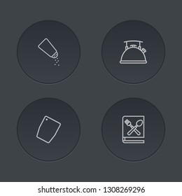 Set of 4 kitchen icons line style set. Collection of teapot, saltshaker, cooking instruction and other elements.