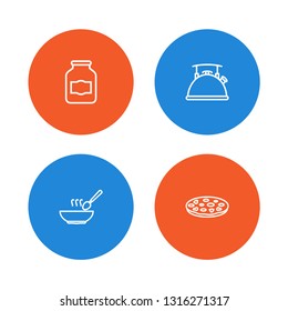 Set of 4 kitchen icons line style set. Collection of broth, pizzeria, teapot and other elements.