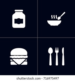 Set Of 4 Kitchen Icons Set.Collection Of Jar, Broth, Silverware And Other Elements.