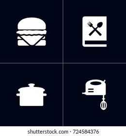 Set Of 4 Kitchen Icons Set.Collection Of Saucepan, Sandwich, Cooking Instruction Elements.