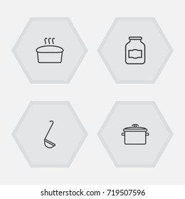 Set Of 4 Kitchen Outline Icons Set.Collection Of Bread, Jug, Ladle And Other Elements.