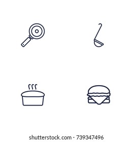 Set Of 4 Kitchen Outline Icons Set.Collection Of Skillet, Ladle, Hamburger And Other Elements.