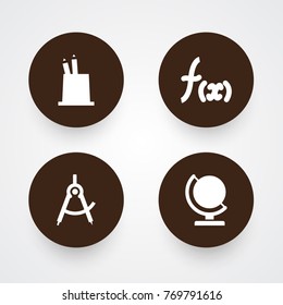 Set Of 4 Knowledge Icons Set.Collection Of Pen Holder, Globe, Formula And Other Elements.