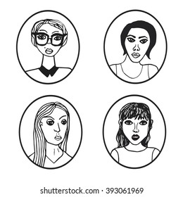 Set of 4 label with cartoon characters fashionable girls vector illustrations