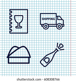 Set of 4 label outline icons such as chef hat, menu, opened champagne