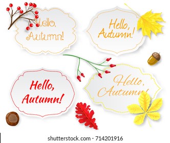 Set of 4 labels and autumn design elements on white background.