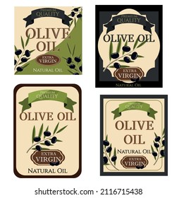 Set of 4 labels for olive oil. extra virgin. Natural product. For bottles. Vector stock illustration. White background. A branch of olives. Sticker