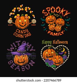 Set of 4 labels with pumpkins like human characters, sweets, candy, bones, bat, witch hat, text. Halloween colorful funny emblems in vintage style