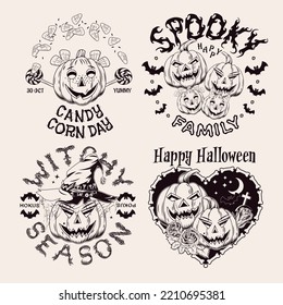 Set of 4 labels with pumpkins like human characters, sweets, candy, bones, bat, witch hat, text. Halloween monochrome funny emblems in vintage style on a white background