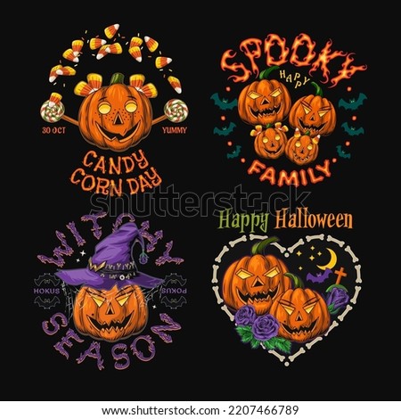 Set of 4 labels with pumpkins like human characters, sweets, candy, bones, bat, witch hat, text. Halloween colorful funny emblems in vintage style