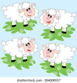 Set: 4 lambs. Cartoon style. Sad, surprised, fun, laughing.