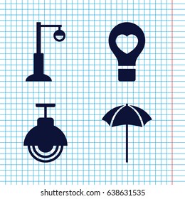 Set of 4 lamp filled icons such as street lamp, bulb heart