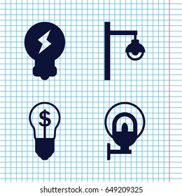 Set of 4 lamp filled icons such as street lamp, bulb