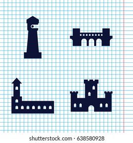 Set of 4 landmark filled icons such as castle, lighthouse