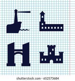 Set of 4 landmark filled icons such as castle, bridge