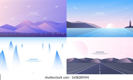 Set of 4 landscapes in flat minimalist style. Forest and mountains, sunset scene with lighthouse, misty peaks, road in perspective with hills. Website or game templates. Summer scene. Tourism concept