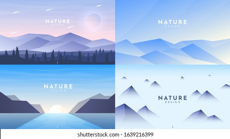 Set of 4 landscapes in flat minimalist style. Forest and mountains, arctic Alps, sunrise and hills, misty rocks. Website or game templates. Vector illustration. Tourism, adventure, travel concept