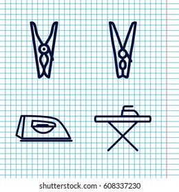 Set of 4 laundry outline icons such as cloth pin, ironing table