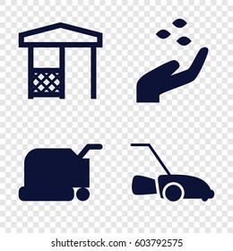 Set of 4 lawn filled icons such as hand with seeds, lawn mower