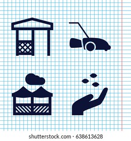 Set of 4 lawn filled icons such as hand with seeds, gazebo, lawn mower