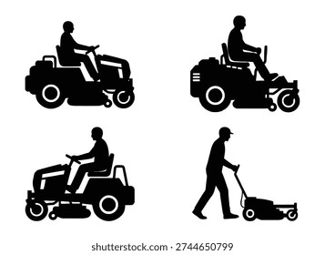 Set of 4 Lawn Mower and Gardener Silhouettes Vector