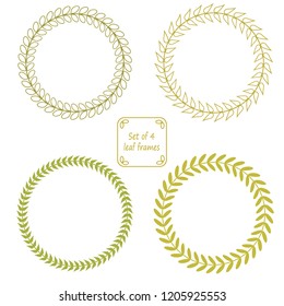 Set of 4 leaf wreaths.Round frames with space for your text.Green and khaki branches.Decoration for greeting card,wedding invitation,save the date