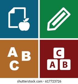 set of 4 learn filled icons such as pencil, ABC cube, paper and apple