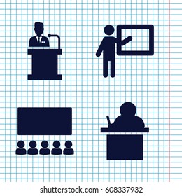 Set of 4 lecture filled icons such as speaker, classroom