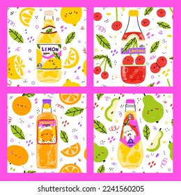 Set of 4 lemonade seamless pattern. Soft drinks in glass with soda and lemonade. Kawaii. Childish style for printing fabrics, wallpaper, menu. Orange, cherry, lemon, pear pattern for printing fabrics