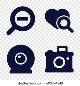 Set of 4 lens filled icons such as heart search, zoom out, web camera