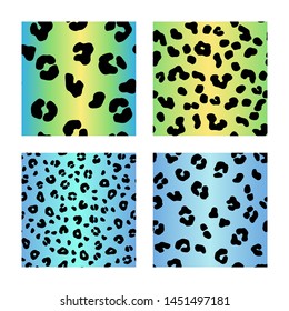 Set of 4 leopard seamless patterns in pastel blue and green gradient. Animal Print 90's style. Vector Cheetah fashion print.