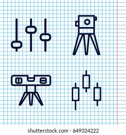 Set of 4 level outline icons such as theodolite, level ruler, adjust