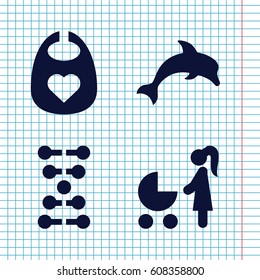 Set of 4 life filled icons such as baby bid, dolphin, dna