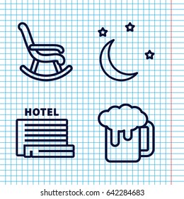 Set of 4 light outline icons such as moon and stars, sun, beer mug