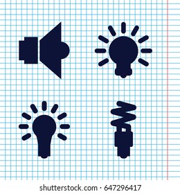 Set of 4 lightbulb filled icons such as light bulb, fluorescent lamp, lamp