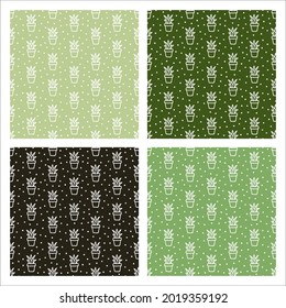 Set of 4 lightgreen seamless patterns with white hand-drawn succulents
