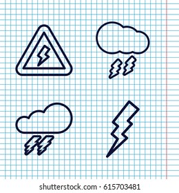 Set of 4 lightning outline icons such as thunder, flash, thunderstorm