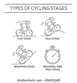 Set of 4 linear icons of cycling race stage types. Black outline infographics templates isolated on white background. Bicyclists and stopwatch made in trendy thin line style vector.