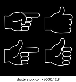 Set of 4 linear icons of hands. White on black background. Thumb up, index finger up. vector.
