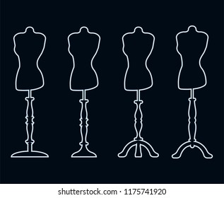 Set of 4 linear mannequins on carved legs. Vector illustration.