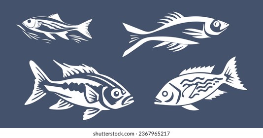 Set of 4 lino cut fish vectors