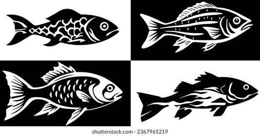 Set of 4 lino cut fish vectors