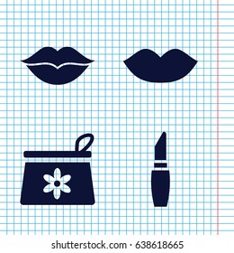 Set of 4 lip filled icons such as lips, make up bag, lipstick