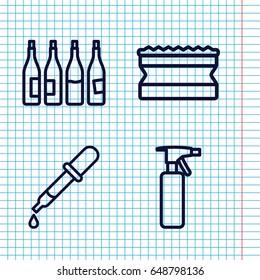 Set of 4 liquid outline icons such as bottle, pipette, spray bottle