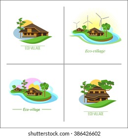 Set of 4 logos ECO-village ECO-house. Vector logo. Suburban real estate. Windmills. Brand style.