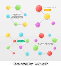 Set of 4 logos structure DNA bio molecules on white background. Chemistry icons for banner, flyer or web. Molecular structure with white paper particles Vector illustration. EPS 10.