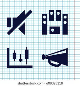 Set of 4 loud filled icons such as megaphone, no sound, loud speaker set
