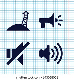 Set of 4 loudspeaker filled icons such as no sound, volume, megaphone