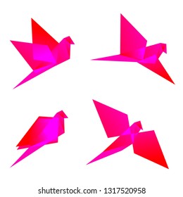 Set of 4 low poly red/pink birds vector