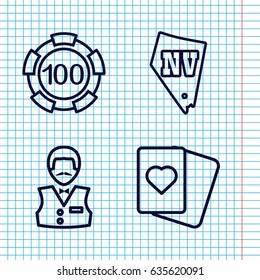 Set of 4 luck outline icons such as 100 casino chip, casino boy, spades
